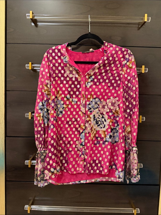 Kobi Halperin Tops - Kobi Halperin Fuchsia Floral & Gold Dot Button-Front Blouse